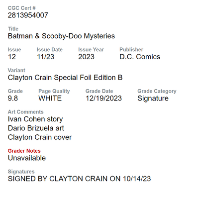 BATMAN & SCOOBY-DOO MYSTERIES #12 [CLAYTON CRAIN] FOIL CGC SS 9.8 NYCC 2023