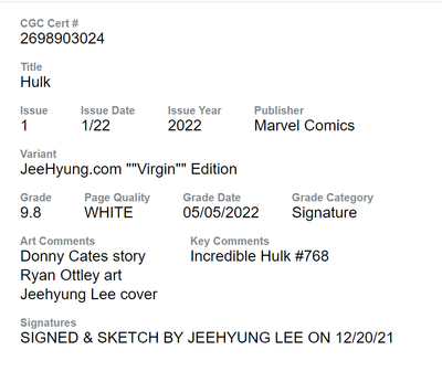 HULK #1 CGC SS 9.8 JEEHYUNG LEE VIRGIN VARIANT SIGNED AND REMARKED