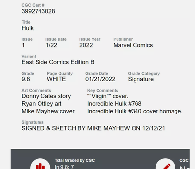 HULK #1 CGC SS 9.8 VIRGIN COVER MIKE MAYHEW [MACFARLANE HOMAGE 340] SKETCHED