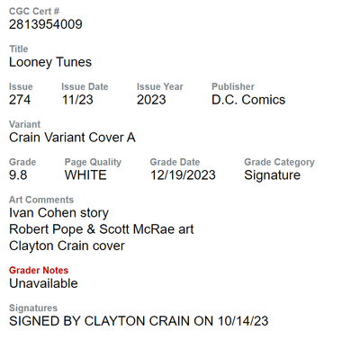 LOONEY TUNES #274 CRAIN NYCC 23 VARIANT CGC SS 9.8 CUSTOM LABEL & SIGNATURE