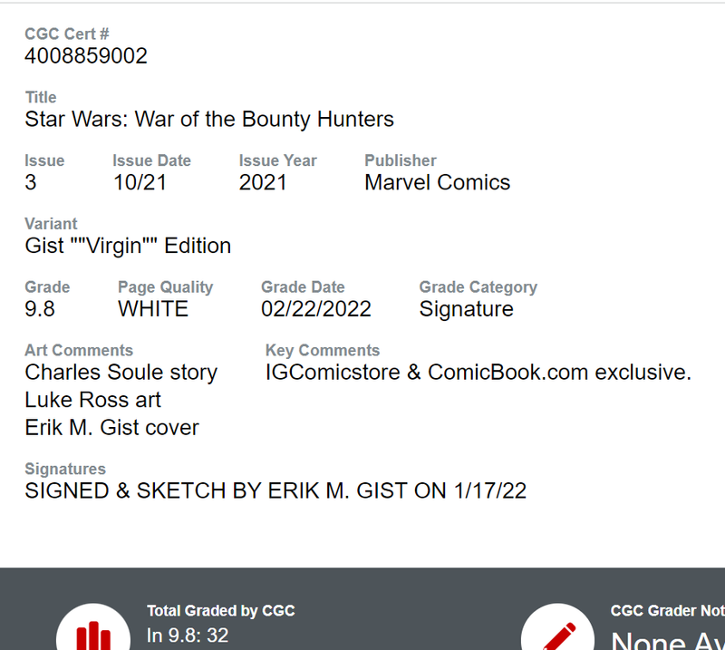 STAR WARS: WAR OF THE BOUNTY HUNTERS 3 SIGNED & REMARKED CGC SS 9.8 E.M. GIST