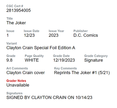 THE JOKER #1 CRAIN NYYC 2023 FOIL VARIANT CGC SS 9.8 SIGNED BY CLAYTON CRAIN