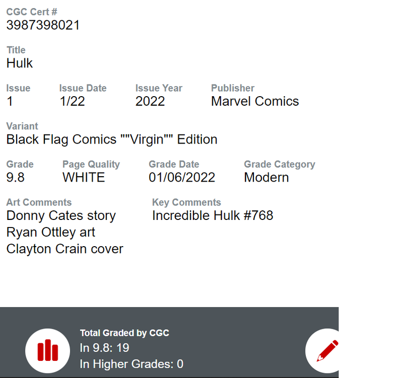 HULK 1 CLAYTON CRAIN VIRGIN COVER CGC 9.8 [BLACK FLAG COMICS]