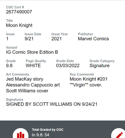 MOON KNIGHT #1 VIRGIN COVER CGC SS 9.8 SIGNED BY SCOTT WILLIAMS IG COMICS