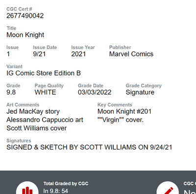 MOON KNIGHT #1 VIRGIN CGC SS 9.8 SCOTT WILLIAMS SIGNED AND REMARKED IG COMICS