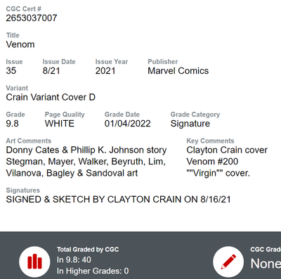 VENOM #35 / 200 (CLAYTON CRAIN VIRGIN VARIANT) CGC SS 9.8 MURDER SIGNATURE